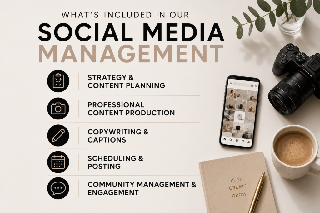 Modern social media management infographic with service headings, icons, and a stylish workspace setup featuring a camera, phone, laptop, and coffee.