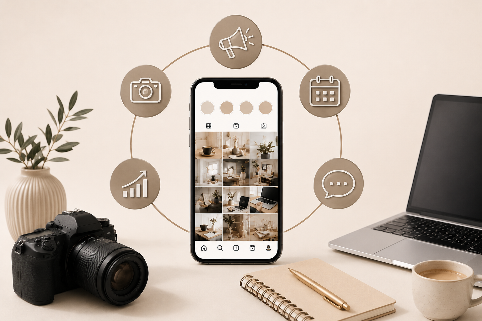 Minimal neutral-toned social media workspace with smartphone, camera, laptop, and floating marketing icons.