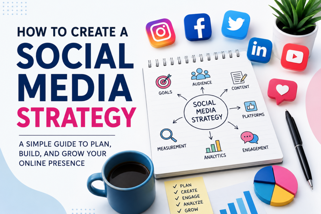 Social media strategy planning with content calendar, analytics, and marketing icons.